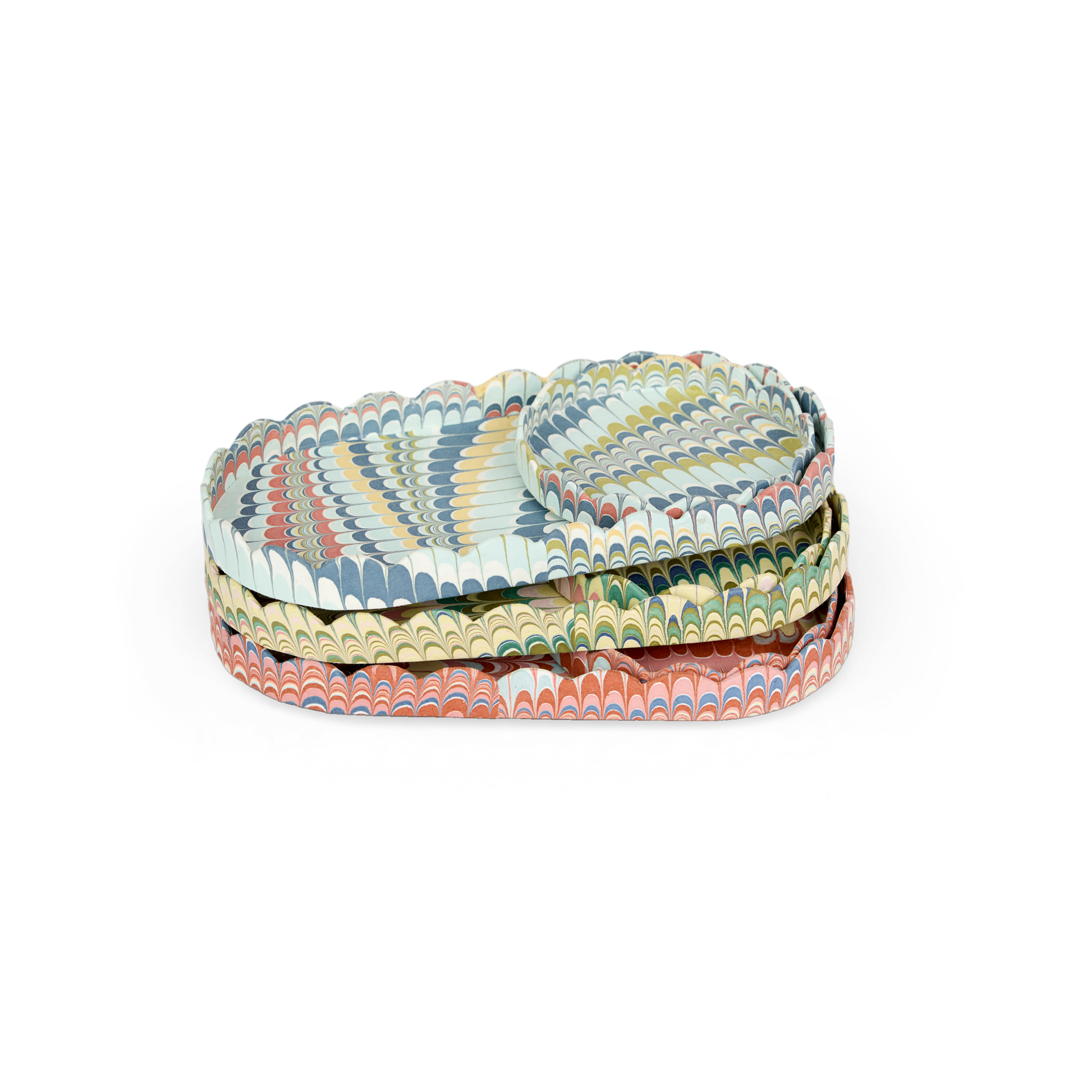 Meadow Wave – Hand Marbled Scalloped Tray Set (Set of 2) (Large: 4.5" x 9" x 1") (Small: 4" x 4" x 0.6")