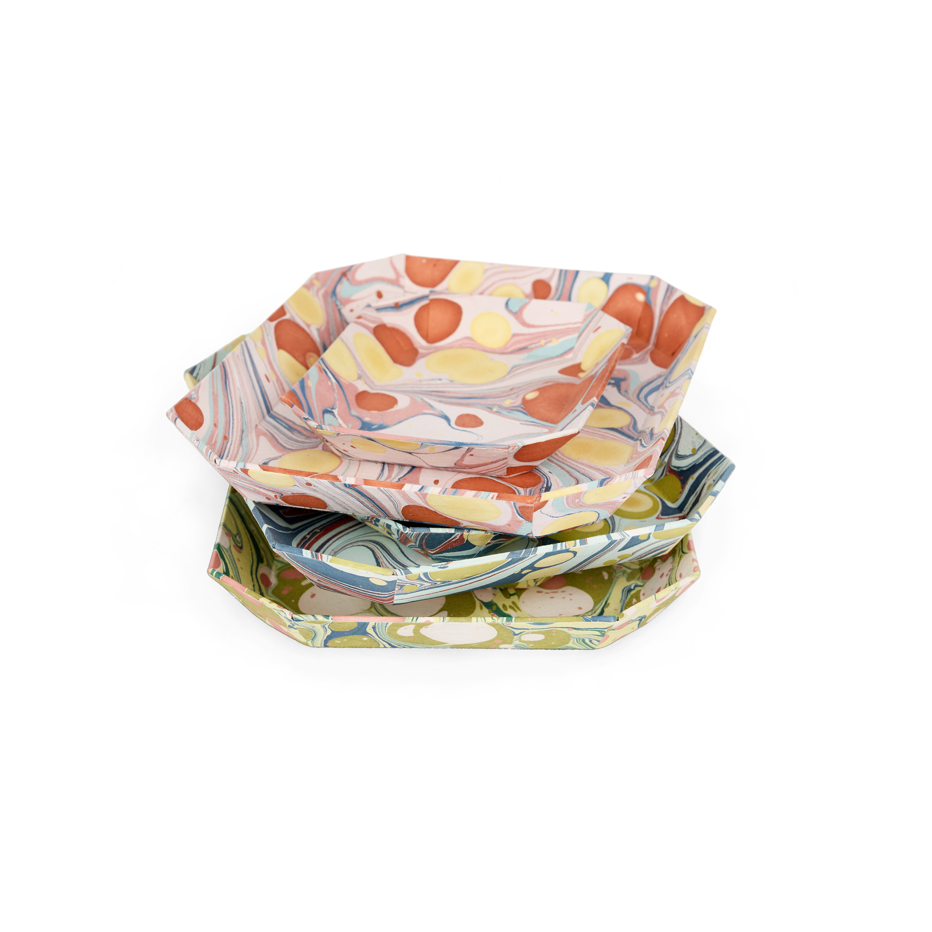 Ocean Stone – Hand Marbled Octagon Tray Set (Set of 2) (Large: 9" x 11" x 1.5") (Small - 5.75" X 7" X 1")