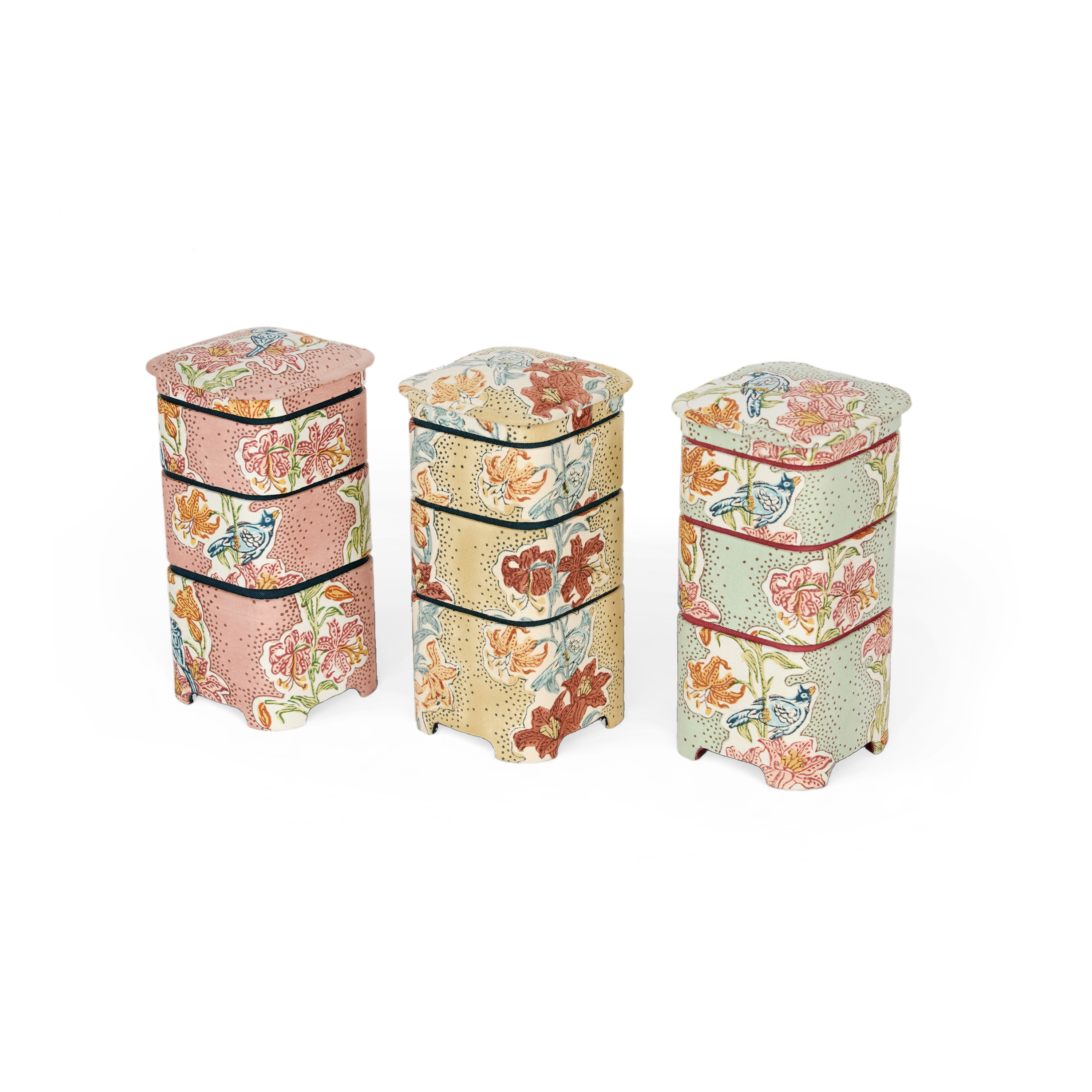 Parrot Garden – Hand Block Printed Jewellery Organizer Set  (4" × 4" × 8" | Set of 3)