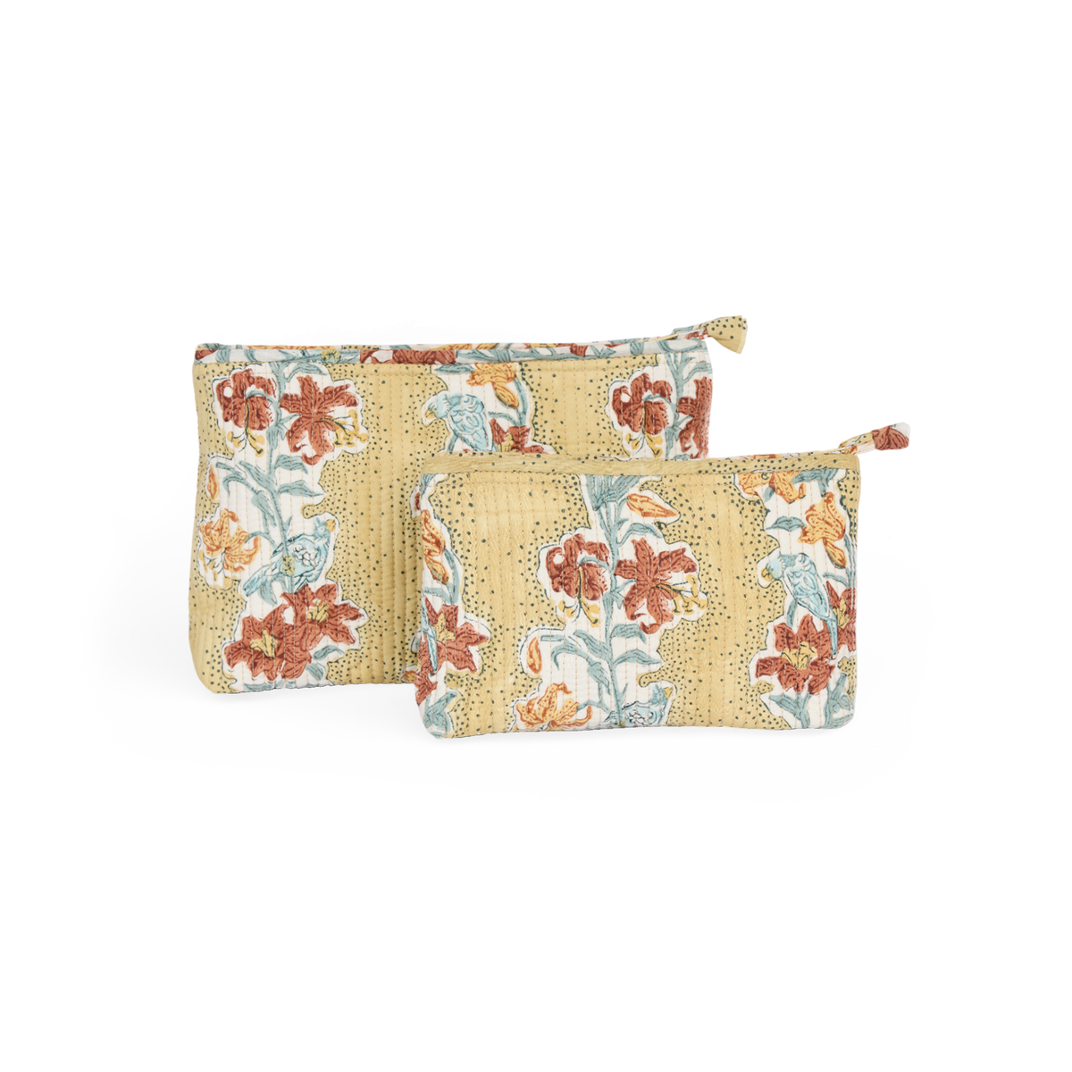 Amber Garden – Hand Block Printed Quilted Cotton Pouch  Large – 9.5" × 6.5" × 3"