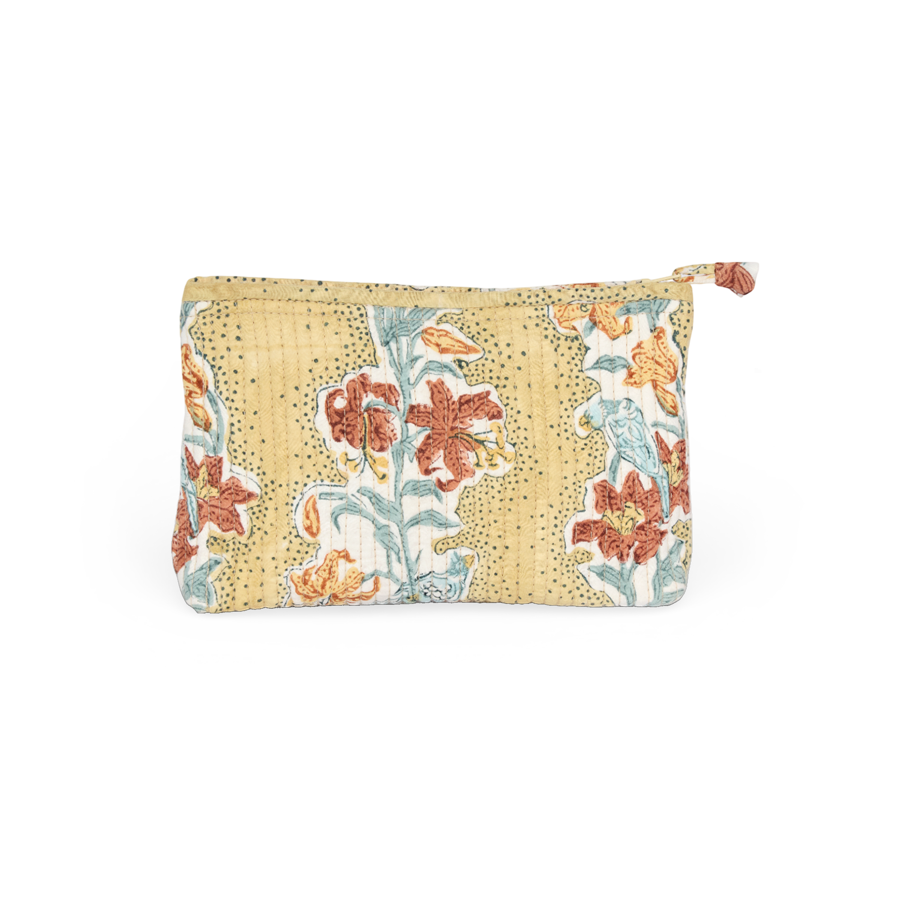 Amber Garden – Hand Block Printed Quilted Cotton Pouch  (Small – 7.5" × 4.5" × 2")