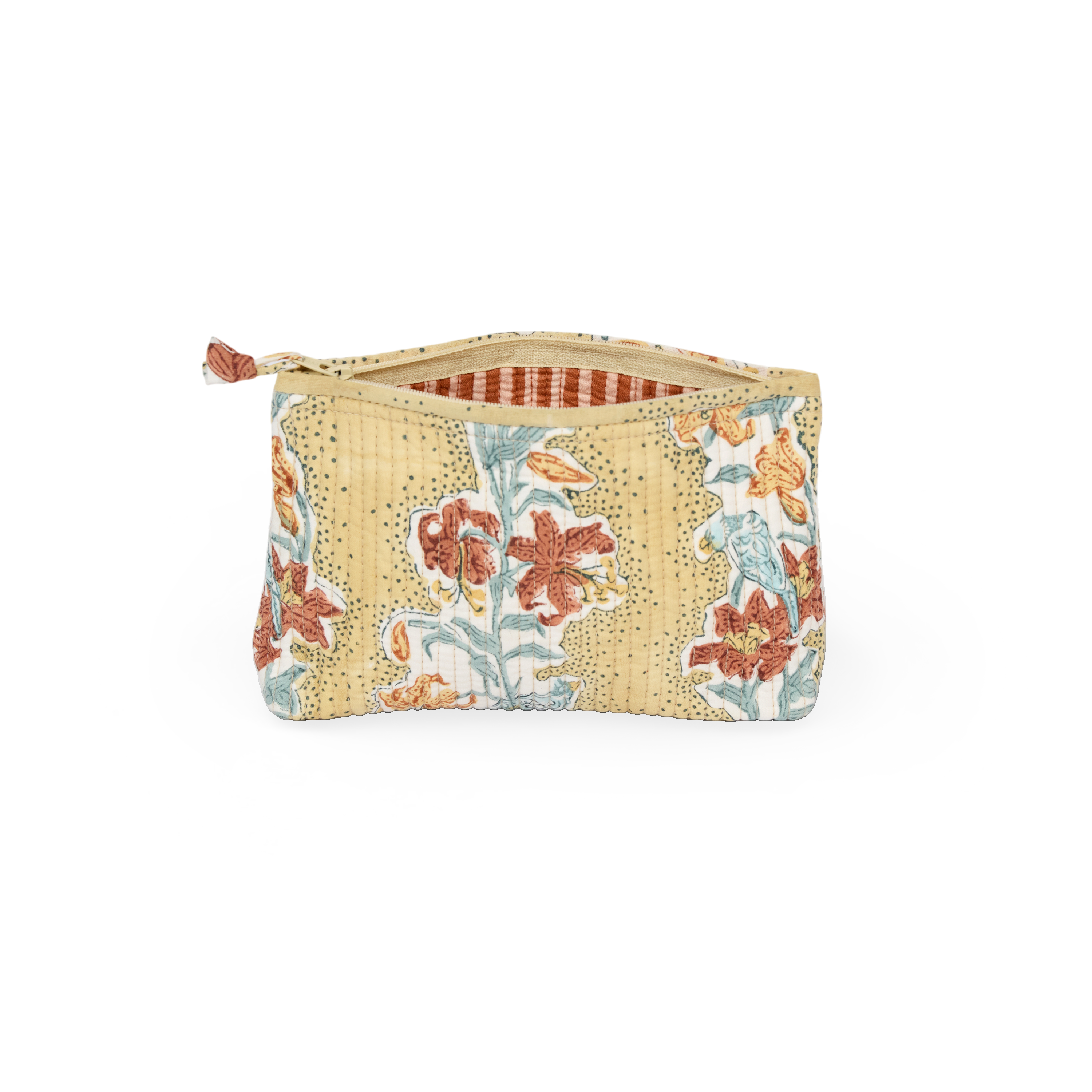 Amber Garden – Hand Block Printed Quilted Cotton Pouch  (Small – 7.5" × 4.5" × 2")