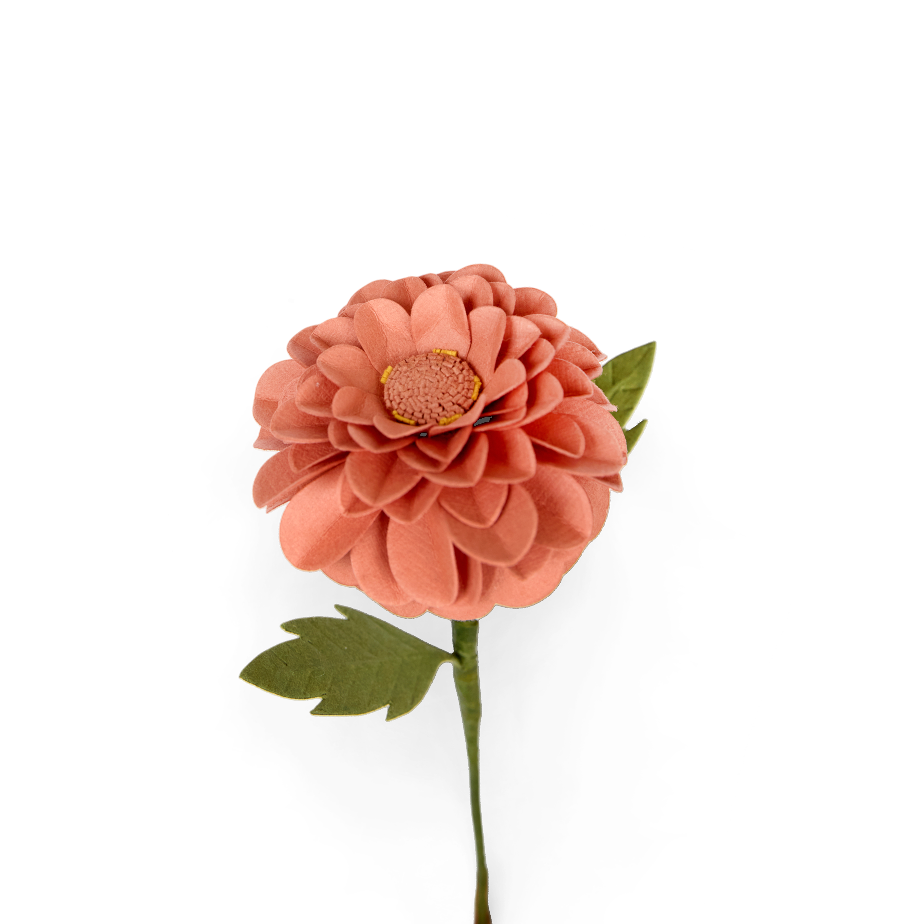 Handmade Paper Dahlia – Warm Coral Bloom Stem  (Size: Approx. 2.5” x 9” | Recycled Cotton Paper)