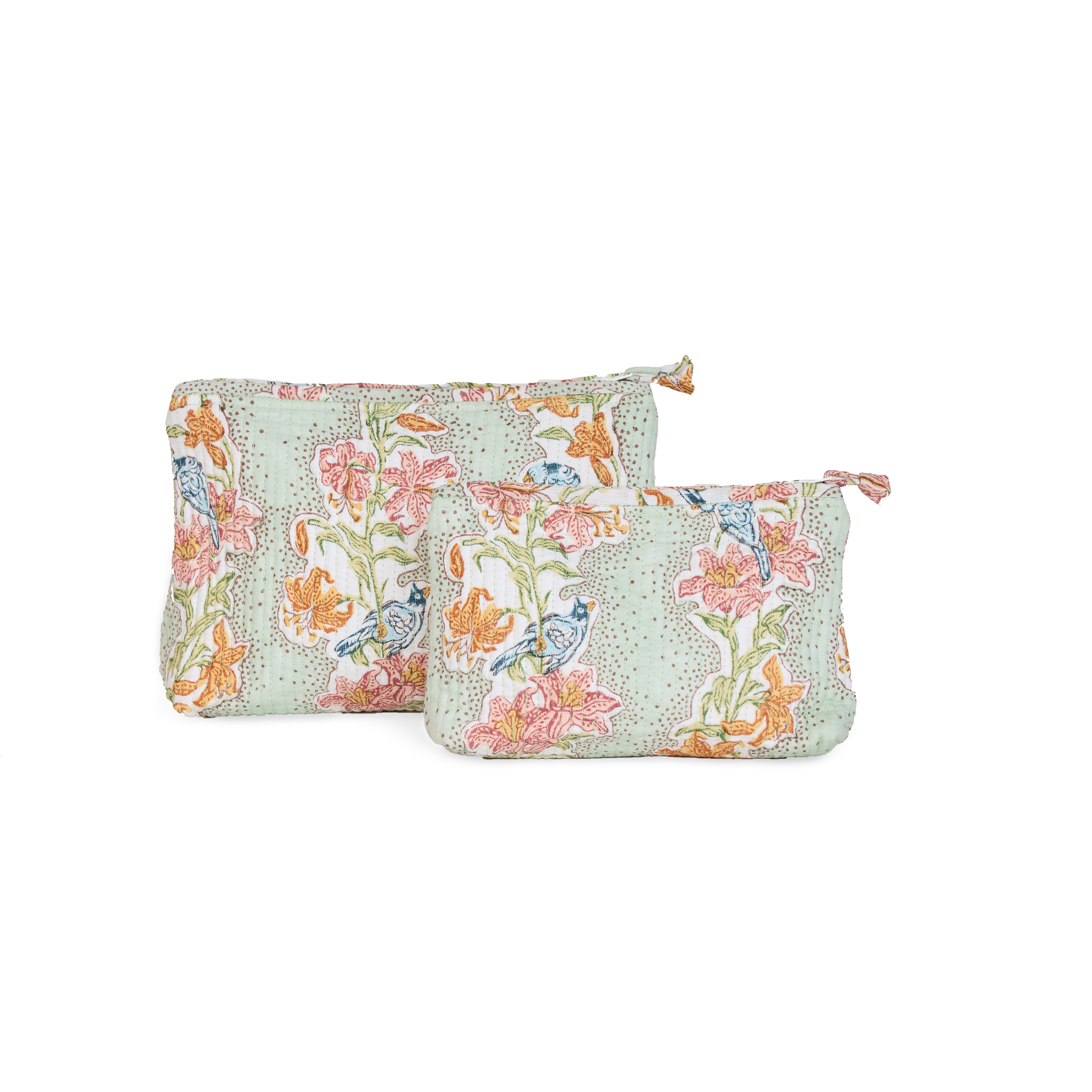 Parrot Garden – Hand Block Printed Quilted Cotton Pouch  (Small – 7.5" × 4.5" × 2")