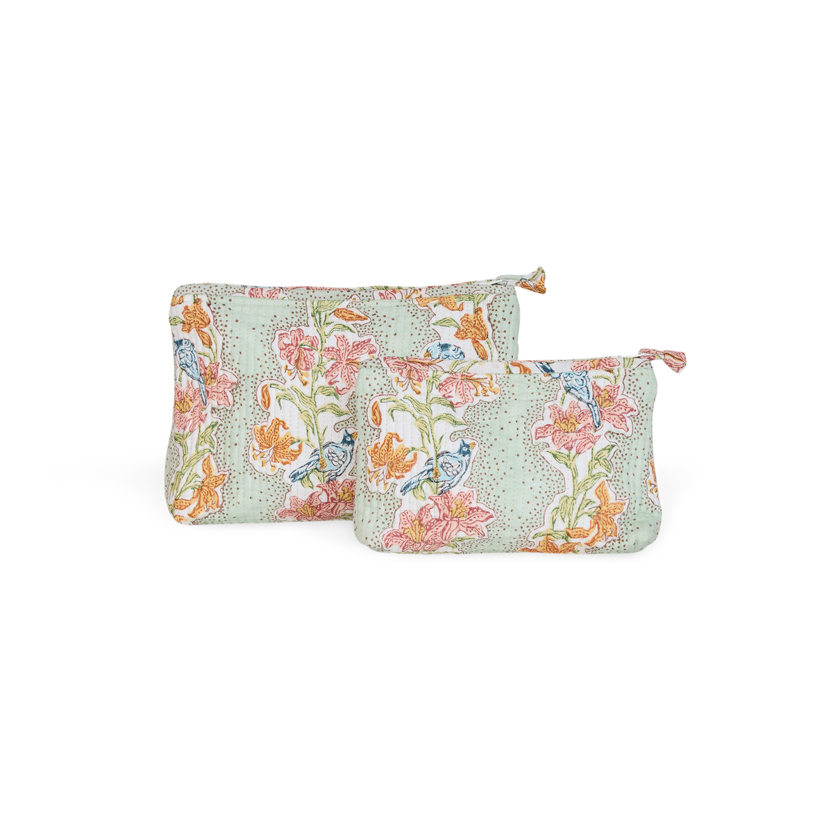 Parrot Garden – Hand Block Printed Quilted Cotton Pouch  Large – 9.5" × 6.5" × 3"
