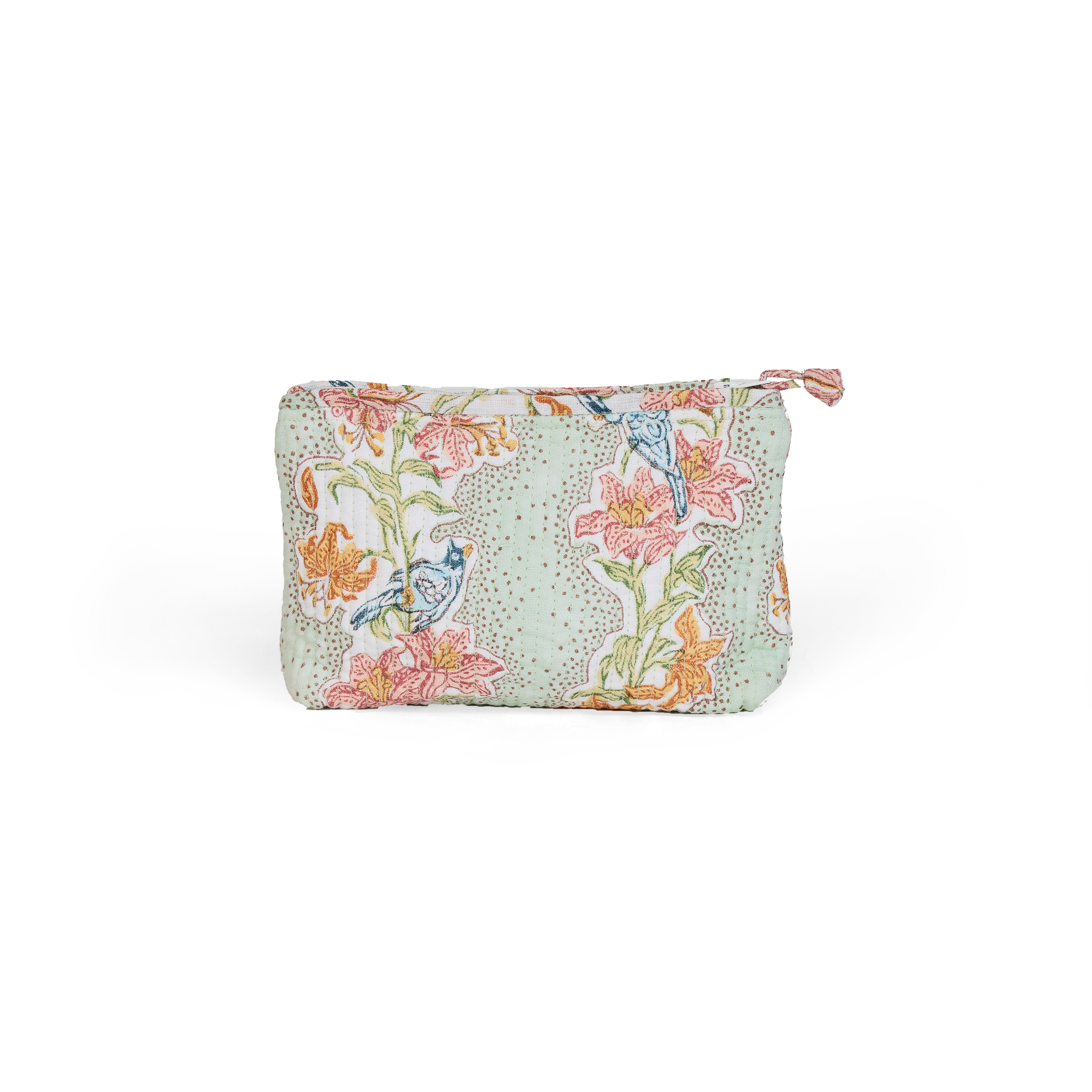 Parrot Garden – Hand Block Printed Quilted Cotton Pouch  (Small – 7.5" × 4.5" × 2")