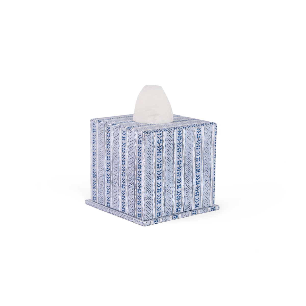 Harbor Blue Floral Stripe – Hand Block Printed Tissue Box (5.25” H × 5” W × 5” D | 100% Recycled Cotton Paper)