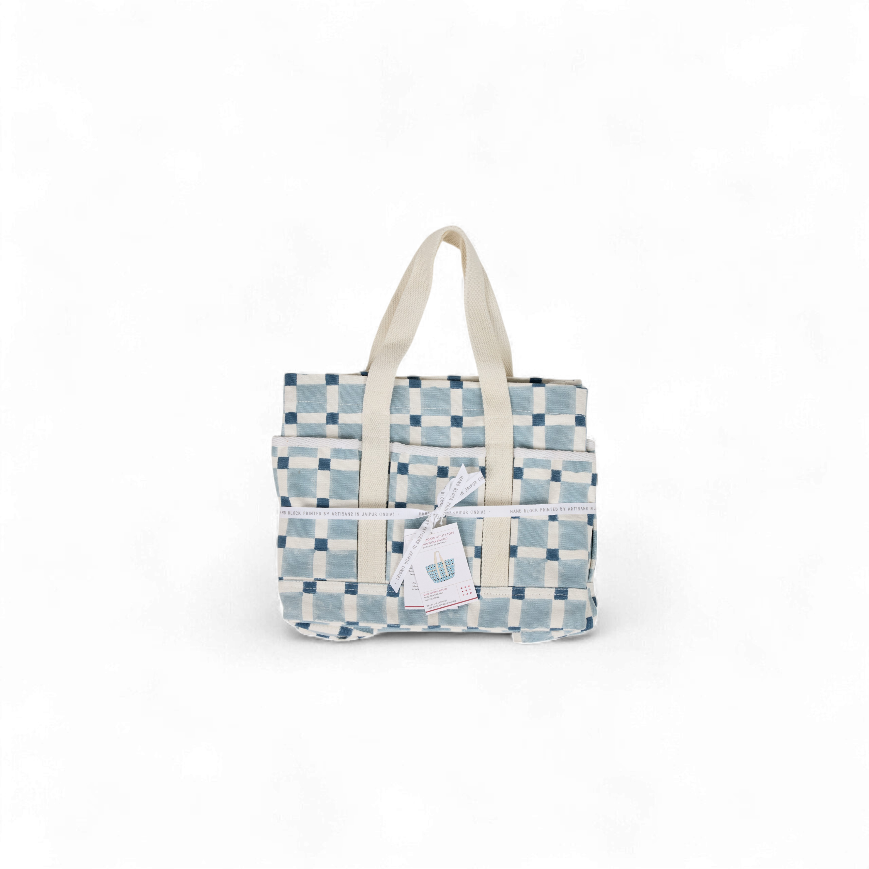 Nila Grid – Hand Block Printed Utility Tote in Sky & Navy (11” H x 12.5” W x 7” D | 100% Cotton Canvas)