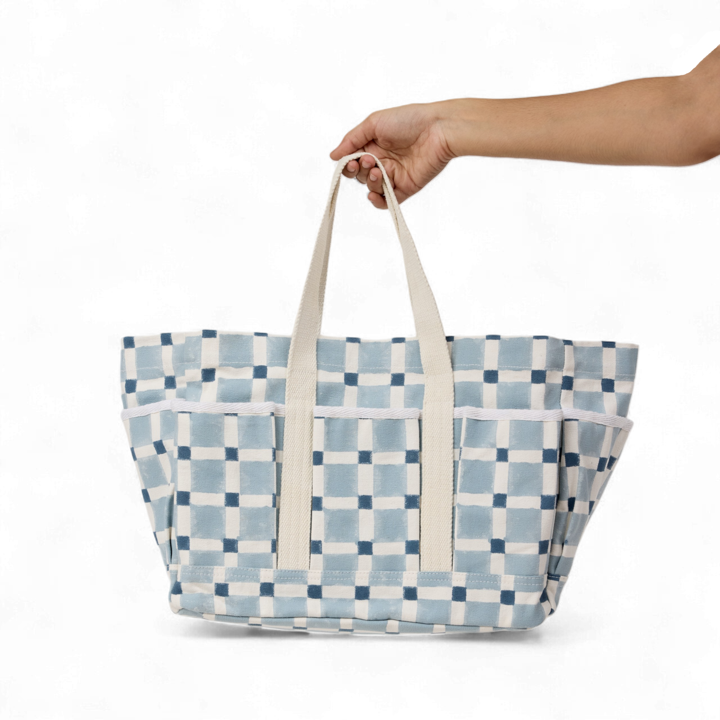 Nila Grid – Hand Block Printed Utility Tote in Sky & Navy (11” H x 12.5” W x 7” D | 100% Cotton Canvas)