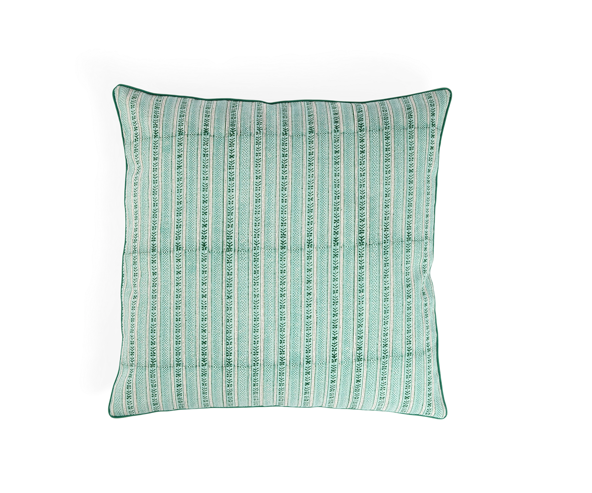 Celadon Green Floral Stripe – Hand Block Printed Cotton Pillow Cover (20" x 20")