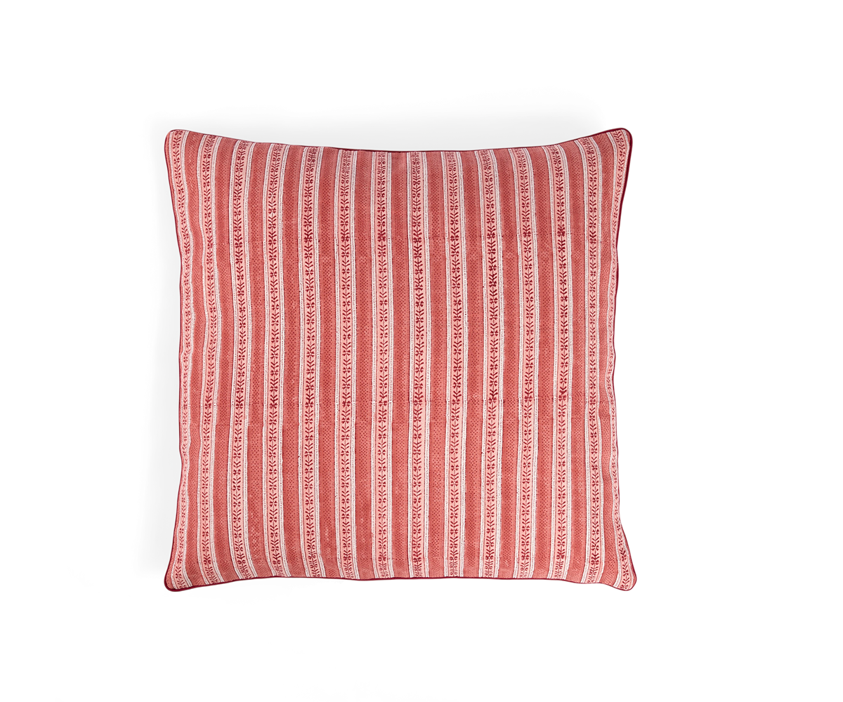 Garnet Red Floral Stripe – Hand Block Printed Cotton Pillow Cover (20" x 20")