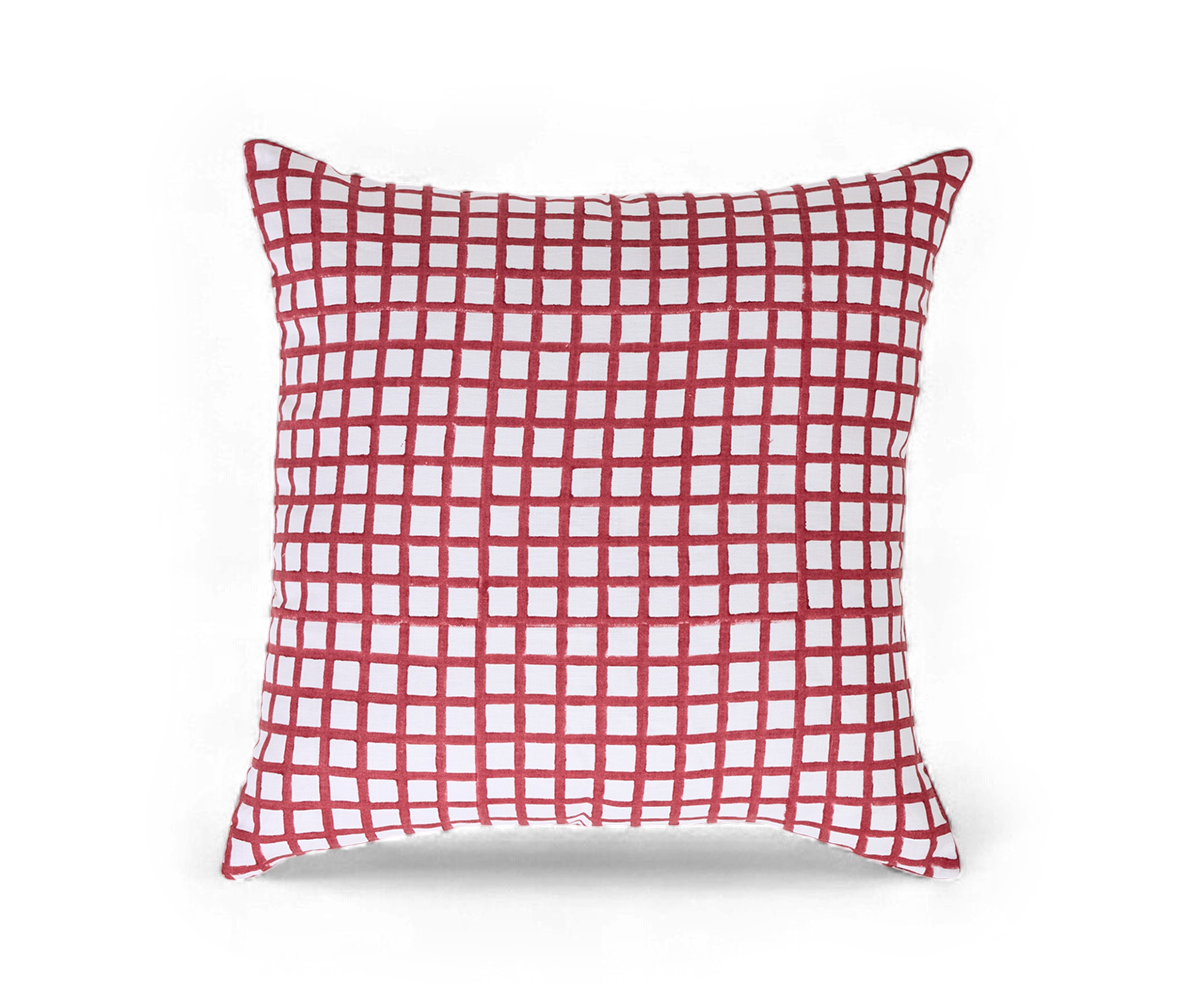 Scarlet Gridline – Hand Block Printed Linen Pillow Cover (20" x 20")