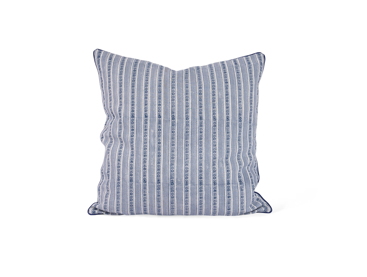 Harbor Blue Floral Stripe – Hand Block Printed Cotton Pillow Cover (20" x 20")