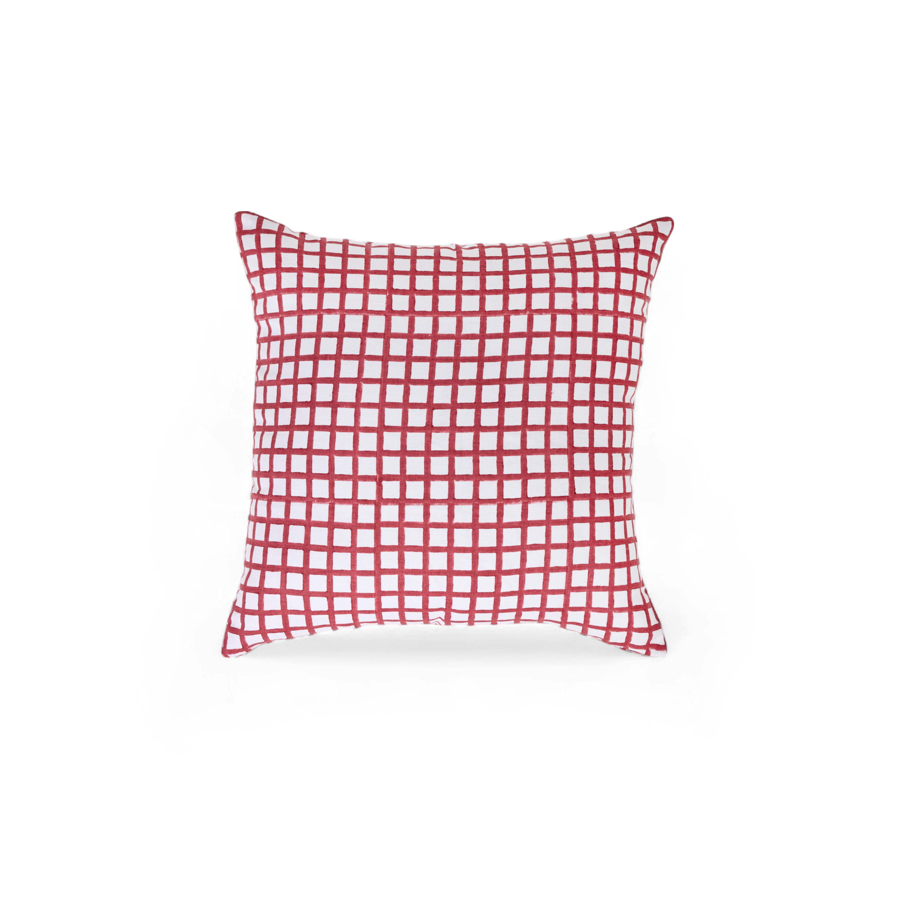 Scarlet Gridline – Hand Block Printed Linen Pillow Cover (20" x 20")