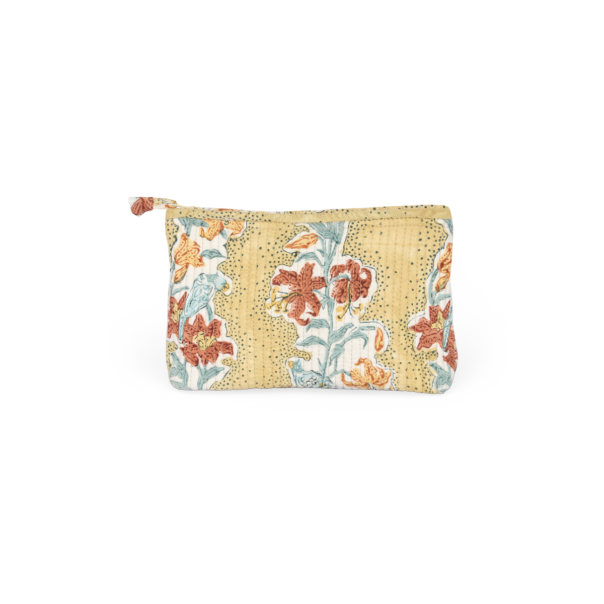 Amber Garden – Hand Block Printed Quilted Cotton Pouch  (Small – 7.5" × 4.5" × 2")