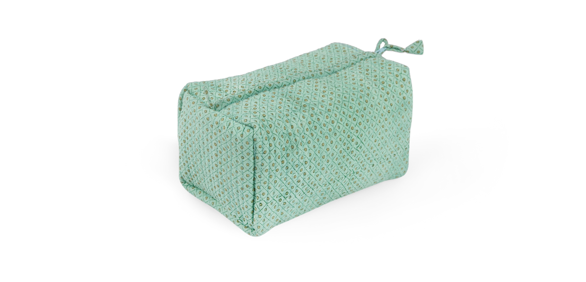 Celadon Green Dot & Grid – Hand Block Printed Quilted Beauty Bag (Medium – 8.5" x 4" x 3.5")