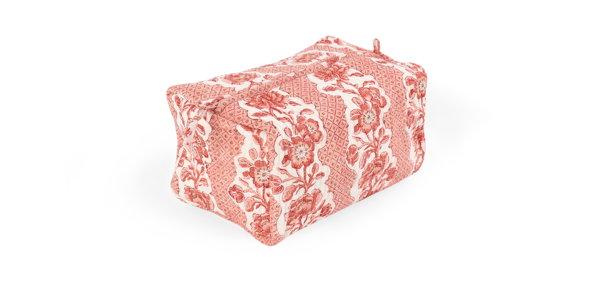 Garnet Red Blooming Trellis – Hand Block Printed Quilted Beauty Bag (Large - 9.5" x 5" x 4")