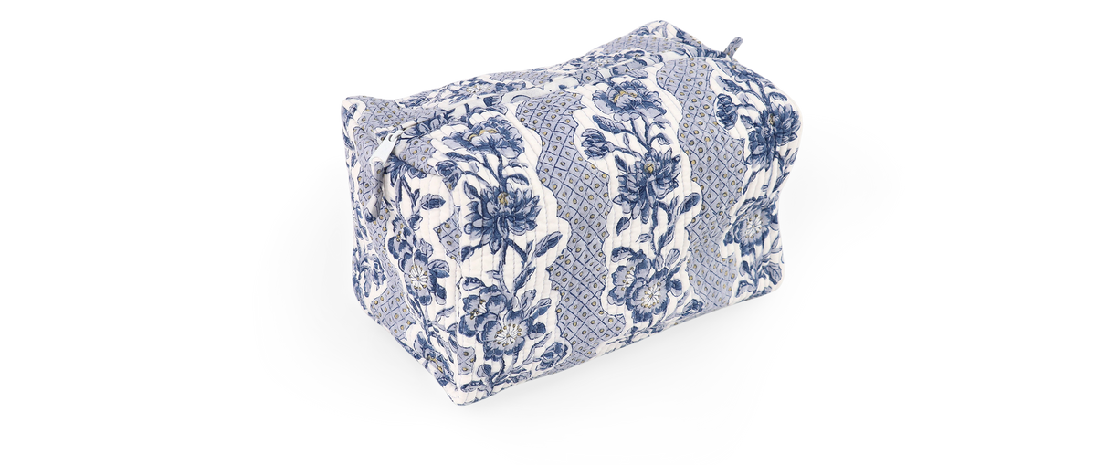 Harbor Blue Blooming Trellis – Hand Block Printed Quilted Beauty Bag (Large - 9.5" x 5" x 4")