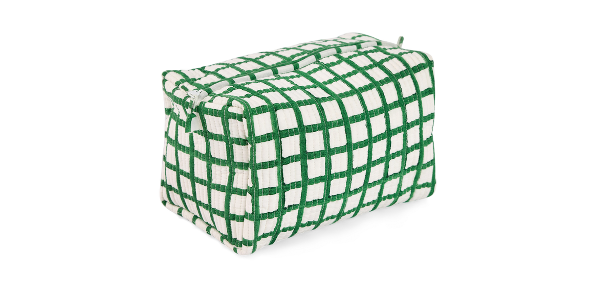 Celadon Green Graph Checks – Hand Block Printed Quilted Beauty Bag (Large – 9.5" x 5" x 4")
