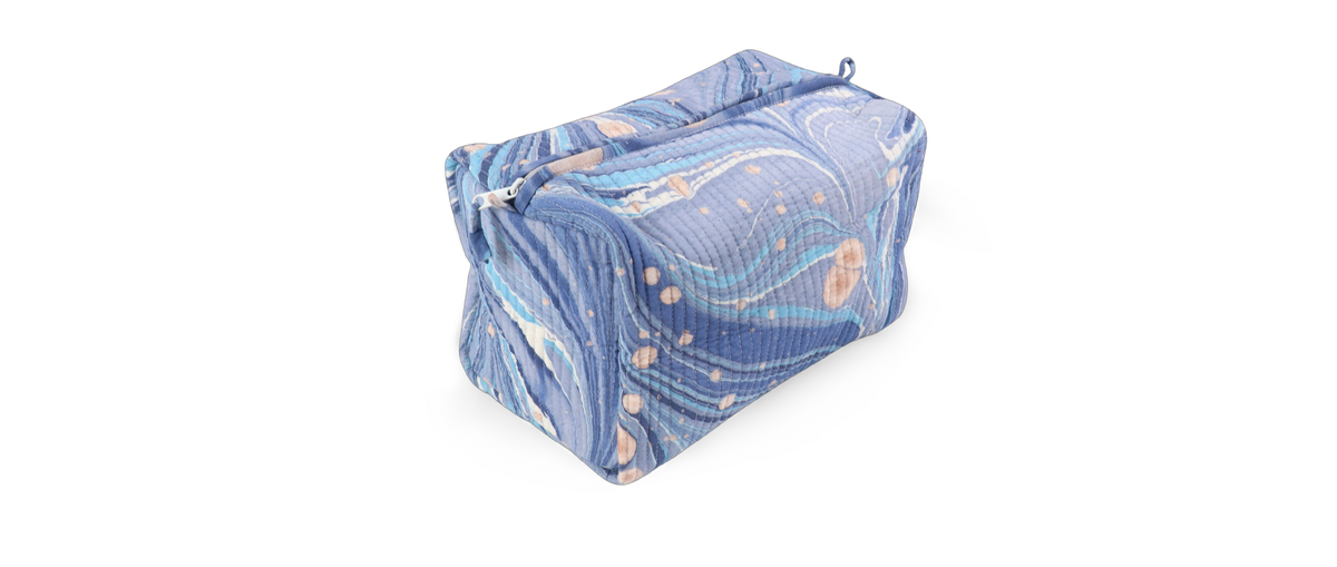 Harbor Blue Fire Whirl – Hand Marbled Quilted Beauty Bag (Large – 9.5" x 5" x 4")