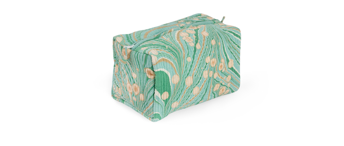 Celadon Green Fire Whirl – Hand Marbled Quilted Beauty Bag (Large – 9.5" x 5" x 4")