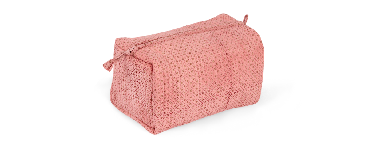 Garnet Red Dot & Grid – Hand Block Printed Quilted Beauty Bag (Medium – 8.5" x 4" x 3.5")