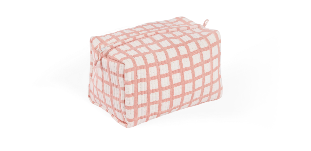 Pink Graph Checks – Hand Block Printed Quilted Beauty Bag (Large – 9.5" x 5" x 4")