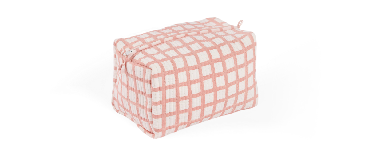 Pink Graph Checks – Hand Block Printed Quilted Beauty Bag (Large – 9.5" x 5" x 4")