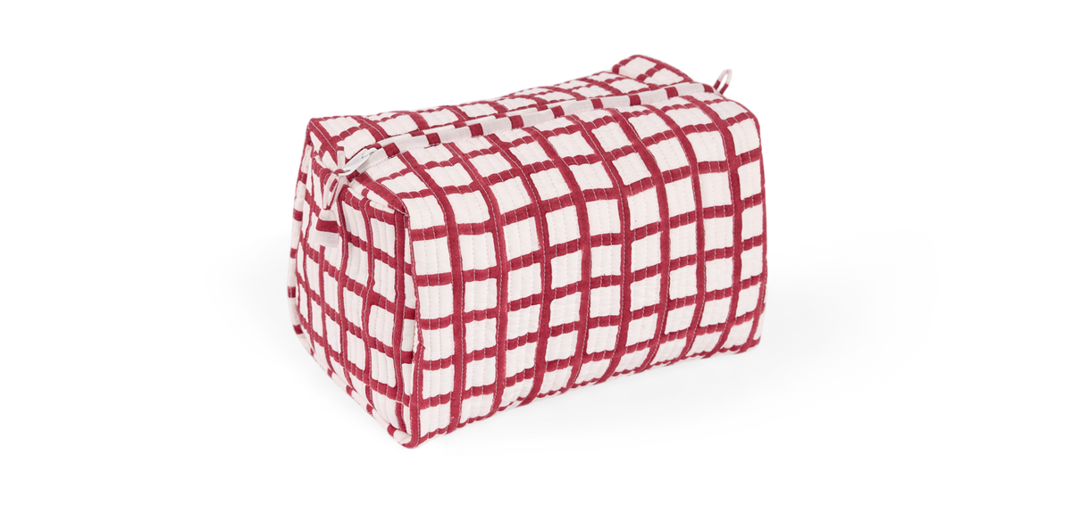 Garnet Red Graph Checks – Hand Block Printed Quilted Beauty Bag (Large – 9.5" x 5" x 4")