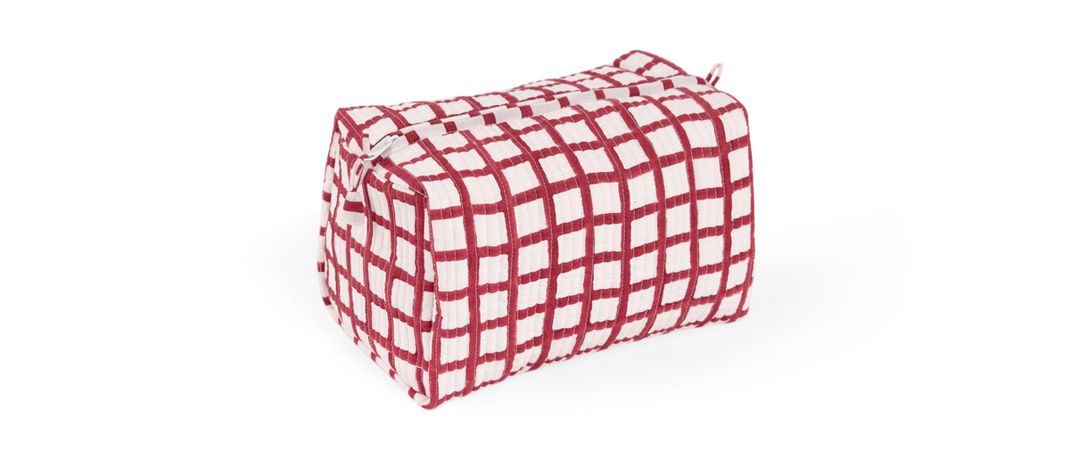 Garnet Red Graph Checks – Hand Block Printed Quilted Beauty Bag (Large – 9.5" x 5" x 4")