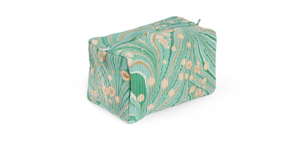 Celadon Green Fire Whirl – Hand Marbled Quilted Beauty Bag (Large – 9.5" x 5" x 4")