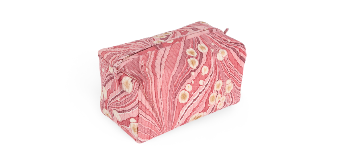 Garnet Red Fire Whirl – Hand Marbled Quilted Beauty Bag (Large – 9.5" x 5" x 4")