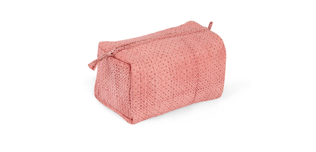 Garnet Red Dot & Grid – Hand Block Printed Quilted Beauty Bag (Medium – 8.5" x 4" x 3.5")