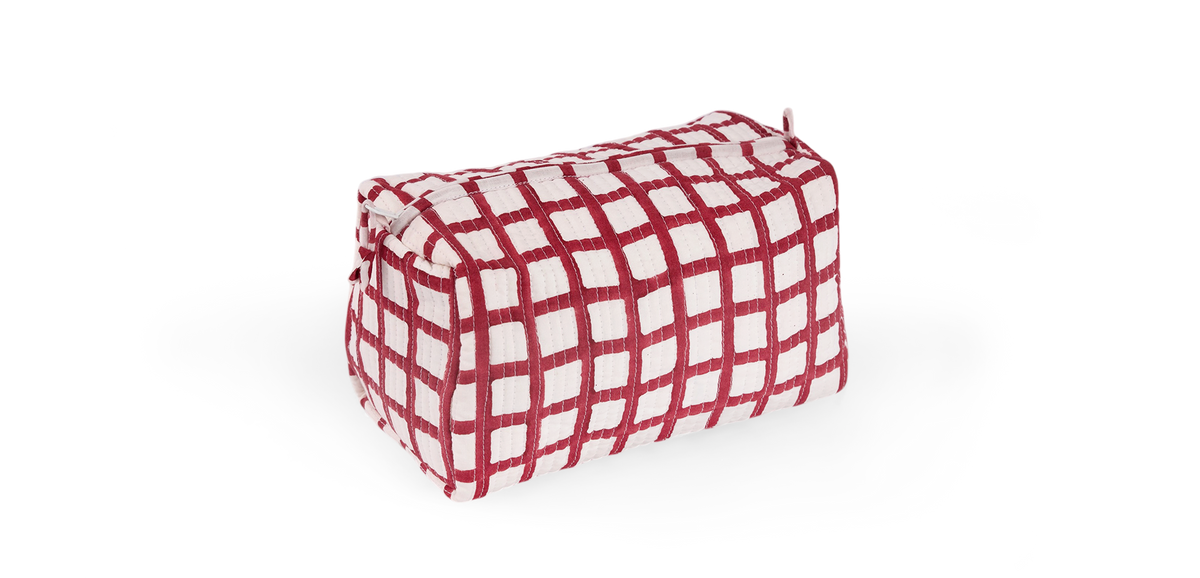 Garnet Red Graph Checks – Hand Block Printed Quilted Beauty Bag (Medium – 8.5" x 4" x 3.5")