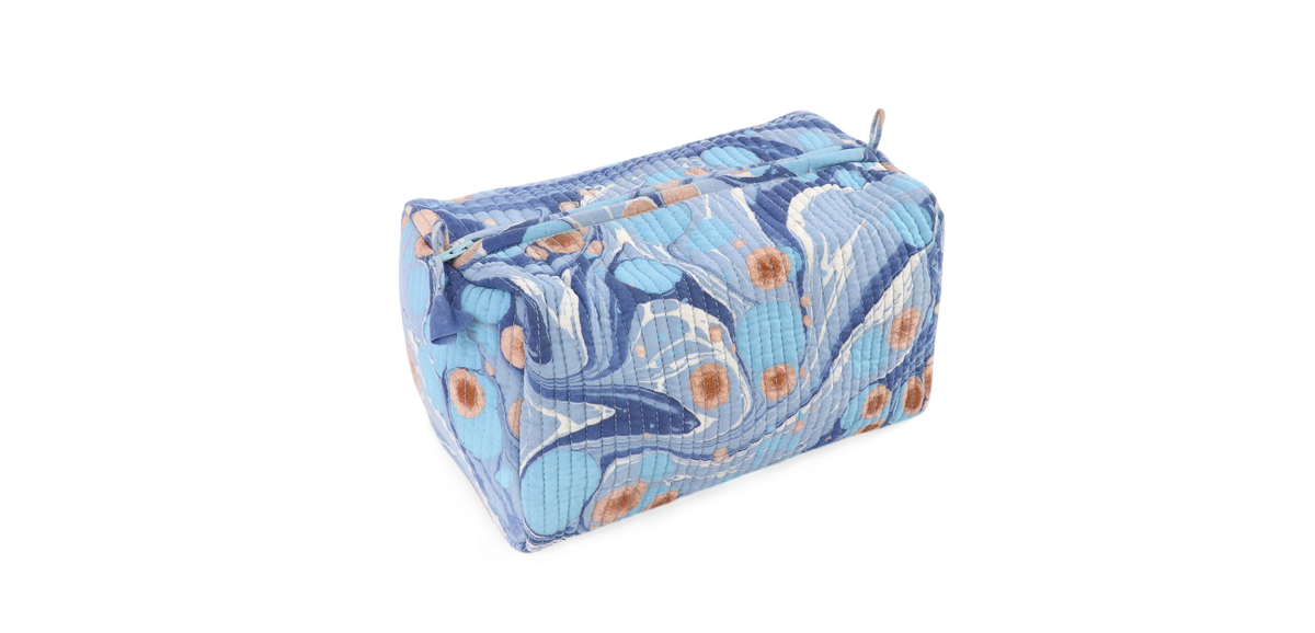 Harbor Blue Pebble – Hand Marbled Quilted Beauty Bag (Medium – 8.5" x 4" x 3.5")