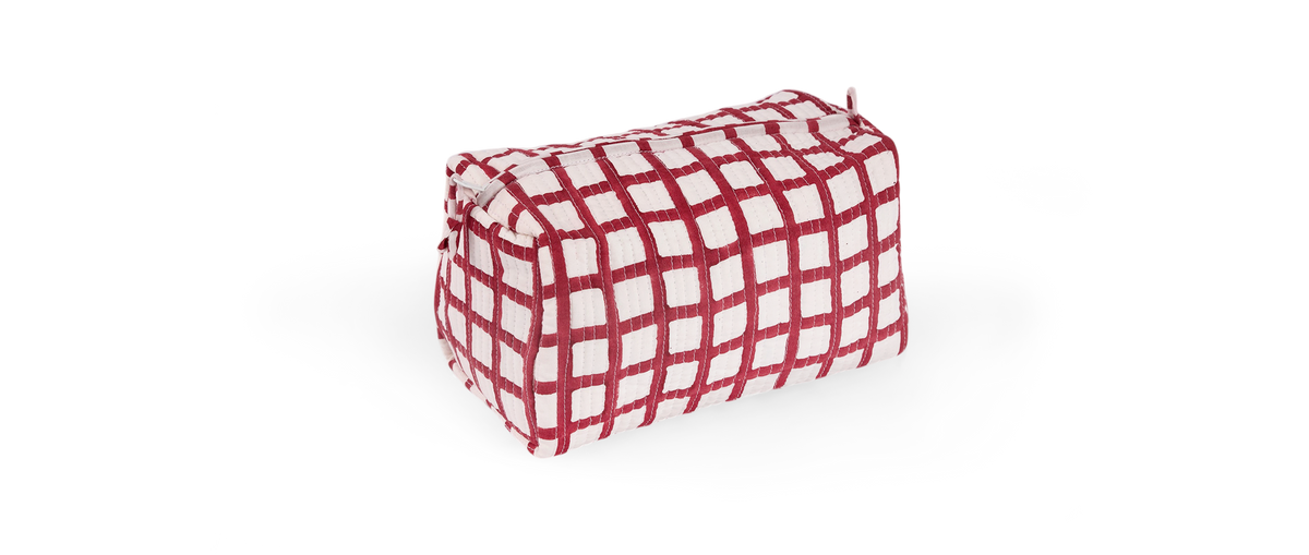 Garnet Red Graph Checks – Hand Block Printed Quilted Beauty Bag (Medium – 8.5" x 4" x 3.5")