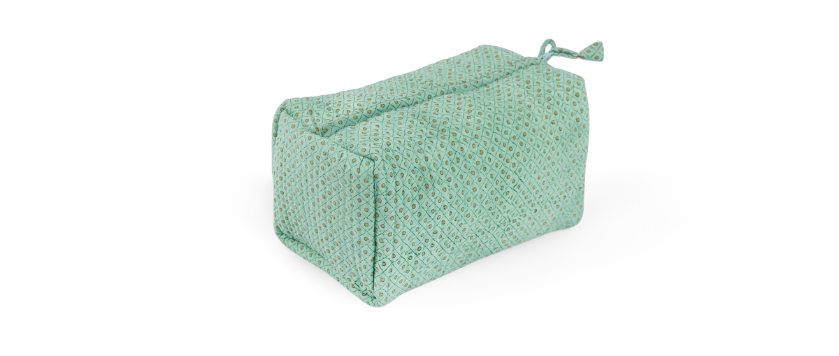 Celadon Green Dot & Grid – Hand Block Printed Quilted Beauty Bag (Medium – 8.5" x 4" x 3.5")