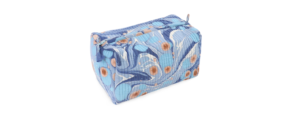 Harbor Blue Pebble – Hand Marbled Quilted Beauty Bag (Medium – 8.5" x 4" x 3.5")