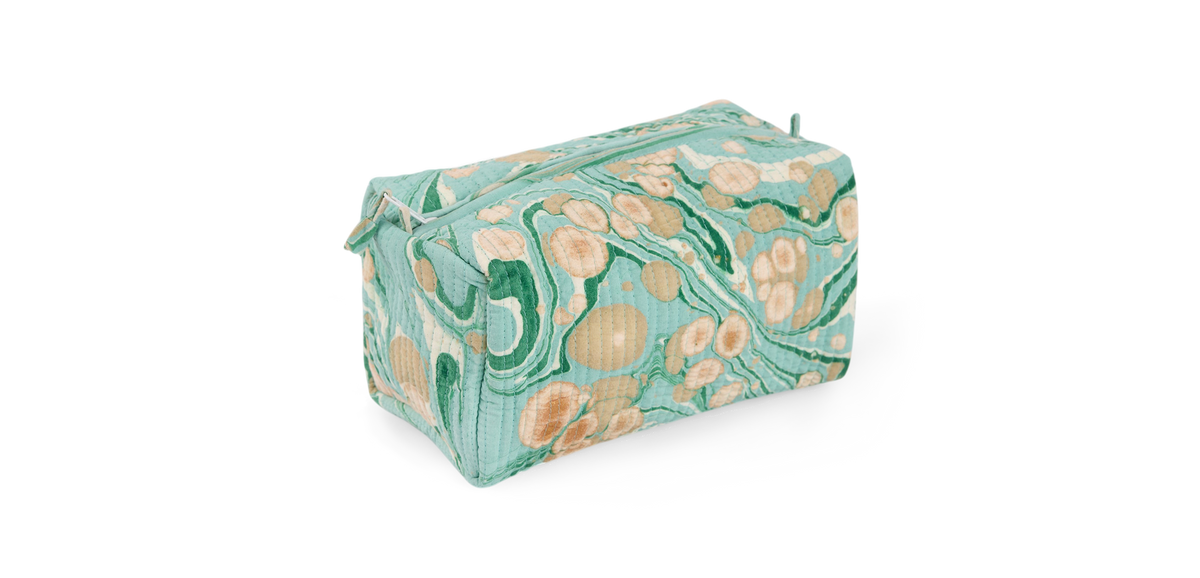 Celadon Green Pebble – Hand Marbled Quilted Beauty Bag (Medium – 8.5" x 4" x 3.5")
