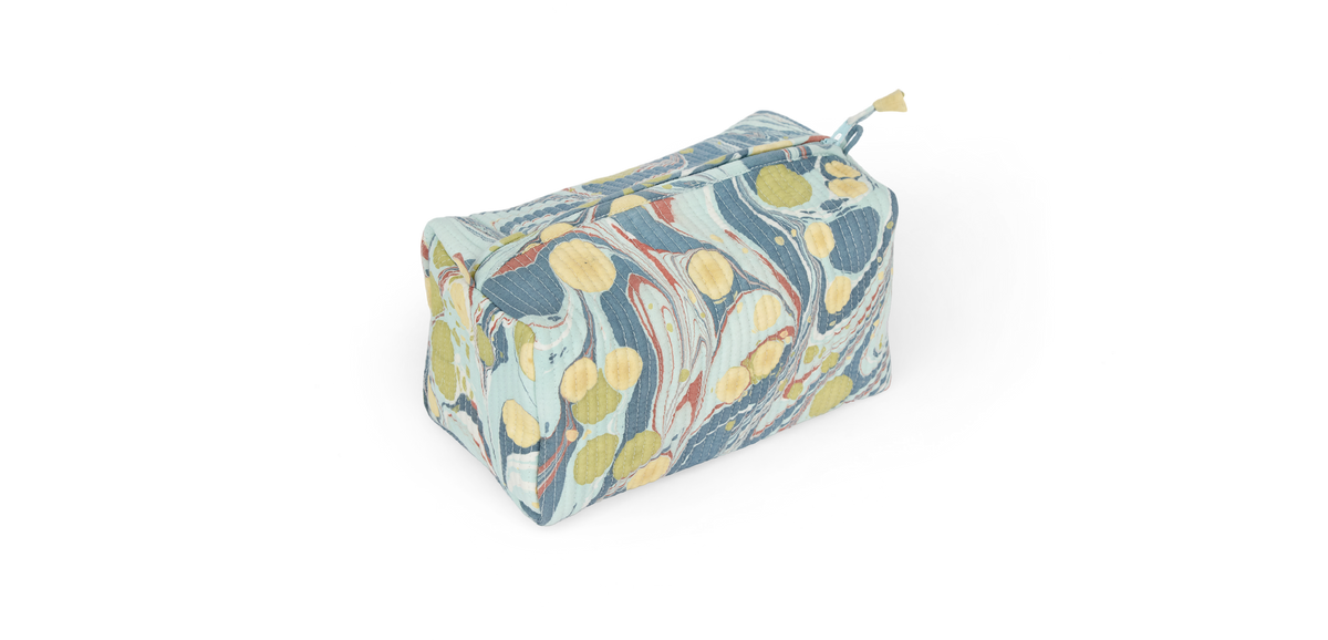 Ocean Stone – Hand Marbled Quilted Beauty Bag  (Medium – 8.5" × 4" × 3.5")
