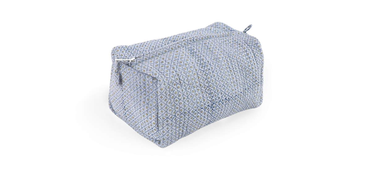 Harbor Blue Dot & Grid – Hand Block Printed Quilted Beauty Bag (Medium – 8.5" x 4" x 3.5")