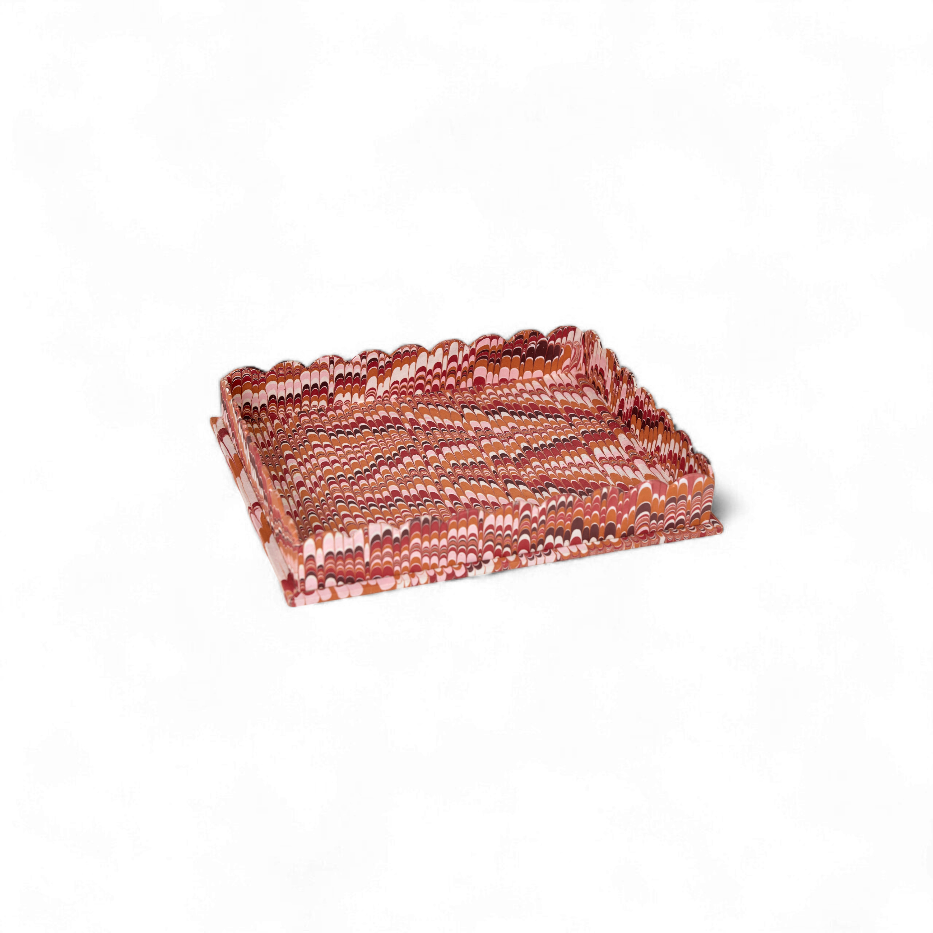 Terra Wave – Hand Marbled Scalloped Tray in Brick Red (Set of 2) (12" x 9.5" x 1.5")