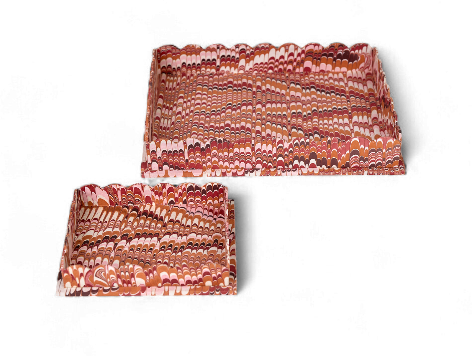 Terra Wave – Hand Marbled Scalloped Tray in Brick Red (Set of 2) (12" x 9.5" x 1.5")