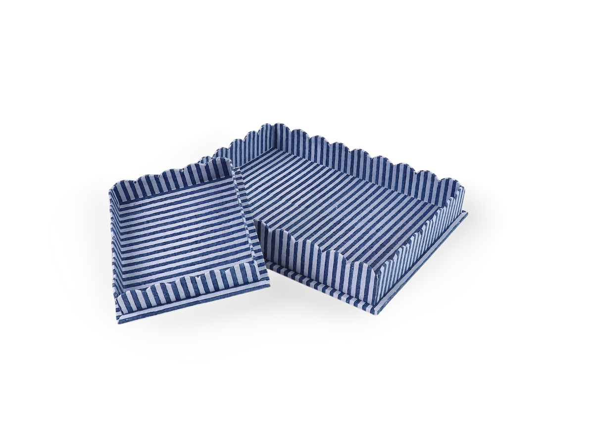 Harbor Blue Classic Stripe – Hand Block Printed Tray Set (Set of 2) (Large: 12" x 9.5" x 1.5") ( Small: 5.5" X 6.75" X 1.5")