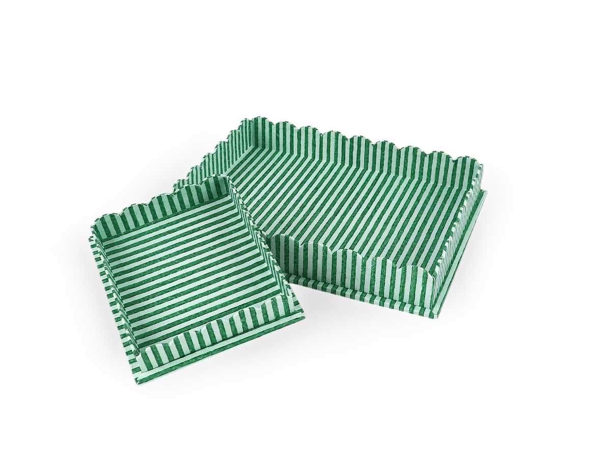 Celadon Green Classic Stripe – Hand Block Printed Tray Set (Set of 2) (Large: 12" x 9.5" x 1.5") ( Small: 5.5" X 6.75" X 1.5")