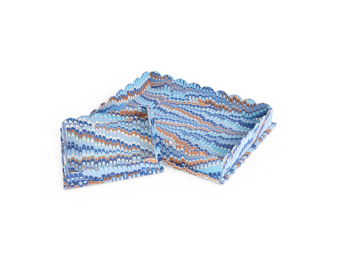 Harbor Blue Mountain – Hand Marbled Tray Set (Set of 2) (Large: 12" x 9.5" x 1.5") ( Small: 5.5" X 6.75" X 1.5")