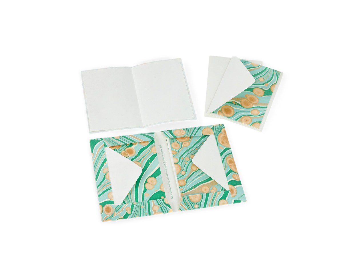 Celadon Green Fire Whirl – Hand Marbled Greeting Card Folder Set  (6” x 4” | 100% Recycled Cotton Paper)