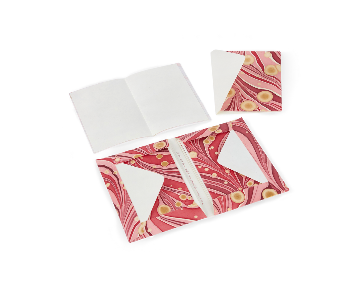 Garnet Red Fire Whirl – Hand Marbled Greeting Card Folder Set  (6” x 4” | 100% Recycled Cotton Paper)