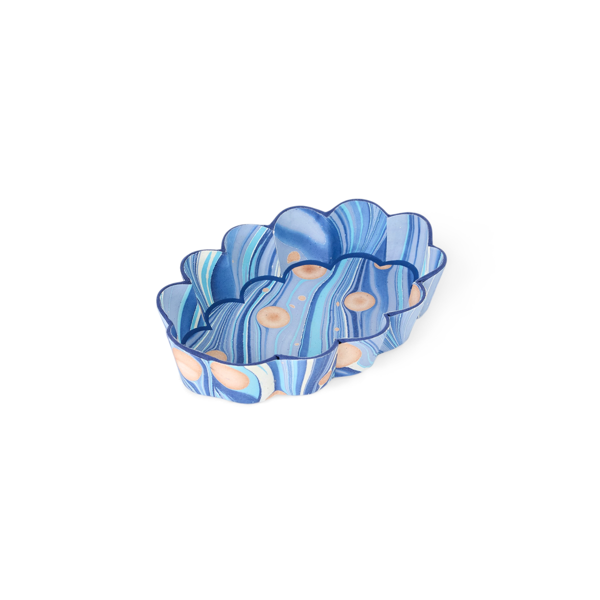 Harbor Blue Fire Whirl – Hand Marbled Scalloped Tray  (7.5" x 5.25" x 1.6")