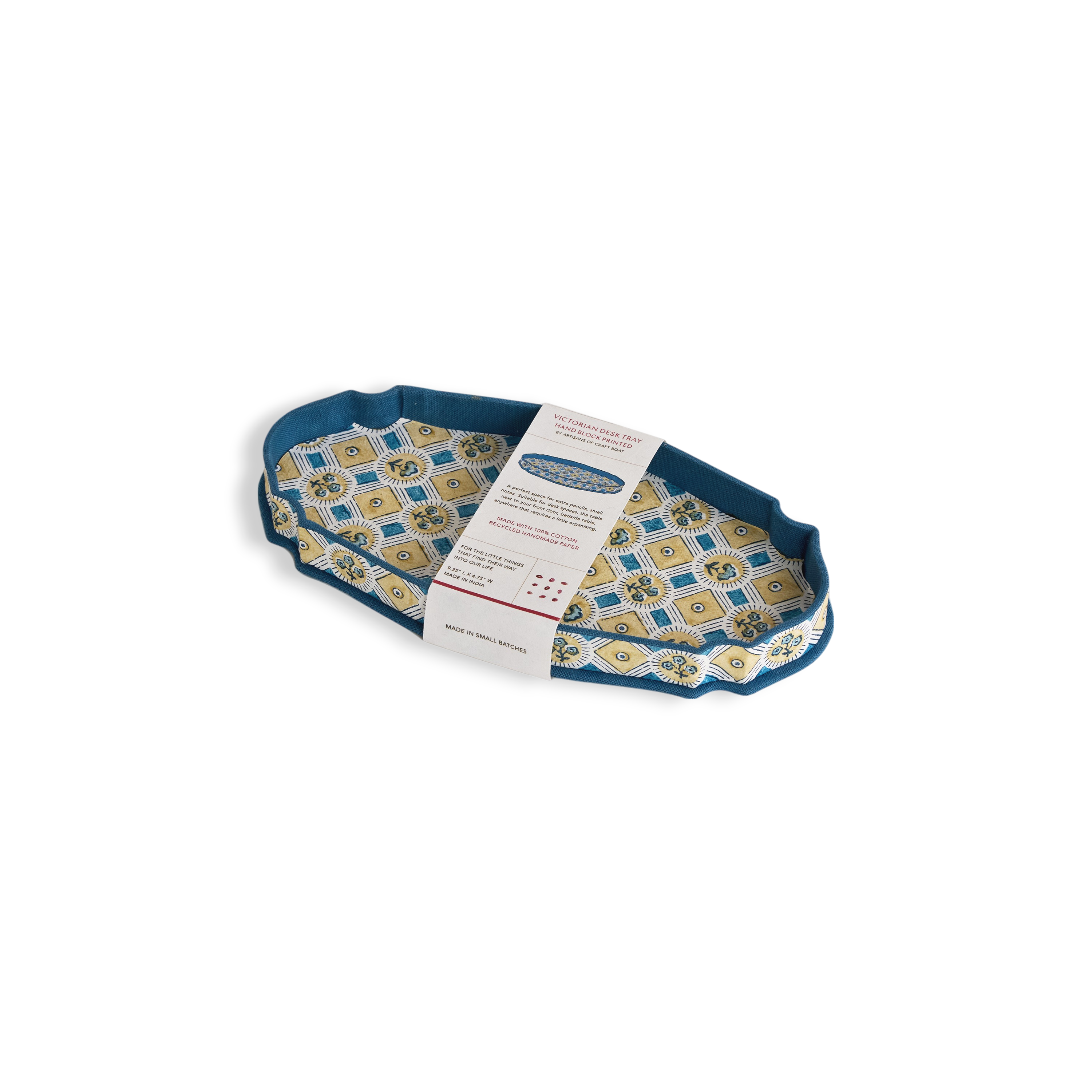 Saanjh Print – Hand Block Printed Crest Tray in Indigo Gold (9.25" x 4.75" x 1")
